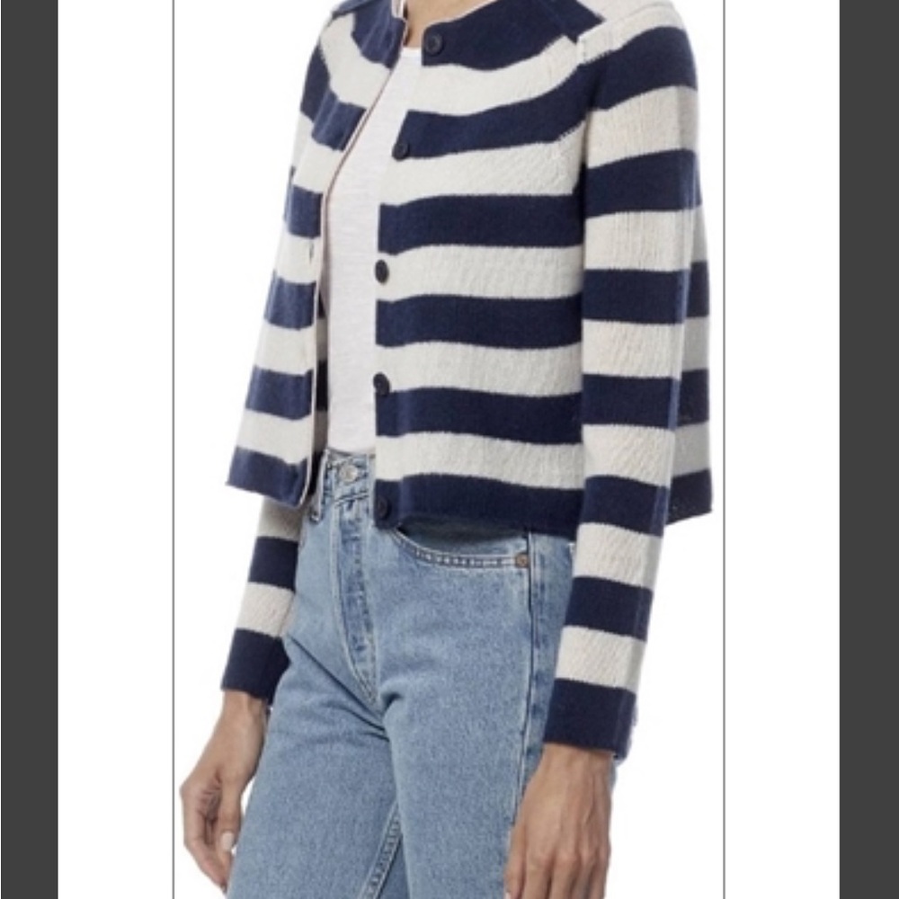 NWOT 360 Cashmere Mariner/Chalk Navy and Cream Striped Cardigan - Picture 5 of 7